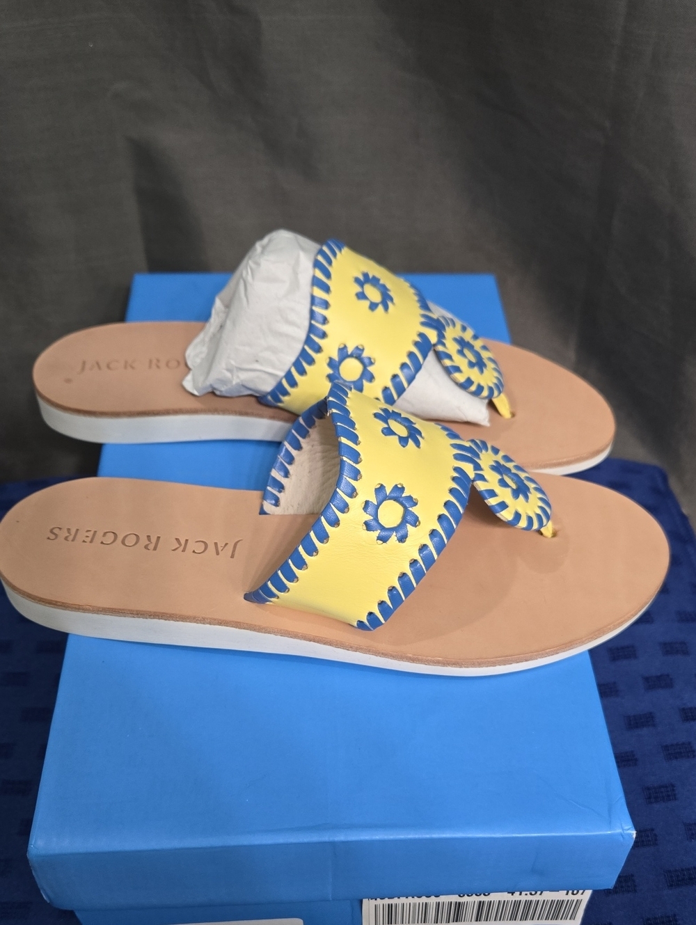 Jack Rogers Yellow and Blue Leather Slip-On Sandals